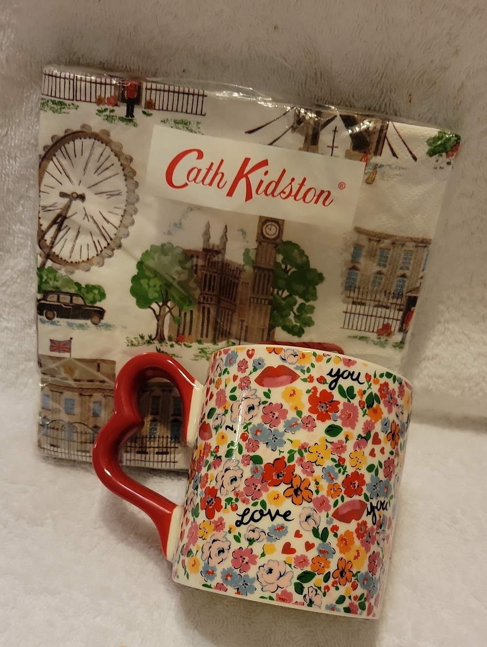 Cath Kidston Red-Handle Floral 'Love You' Mug With Napkins